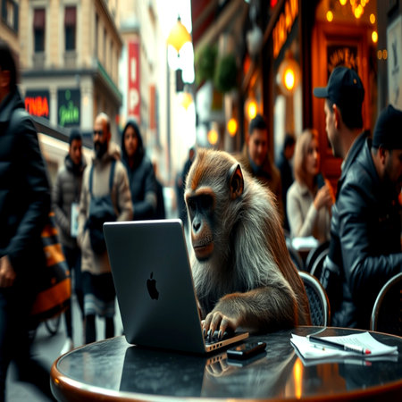 Monkey with a laptop in a street cafe.の写真素材