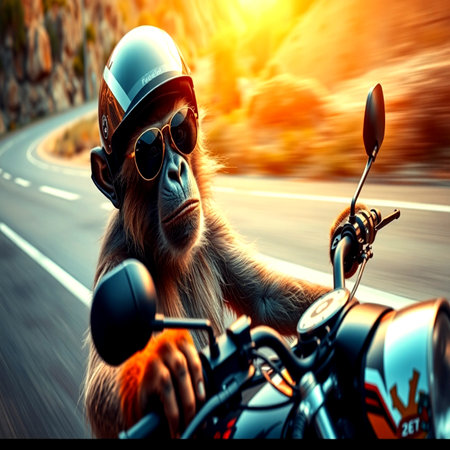 Monkey riding a motorcycle on the road at sunset, close-upの写真素材