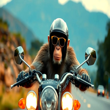 Monkey on a motorcycle in the mountains. Monkey on a motorcycle.