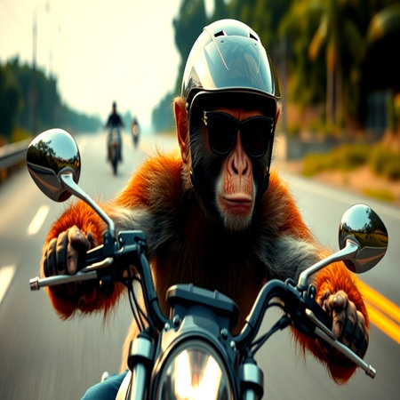 Monkey in a fur coat riding a motorbike on the roadの写真素材