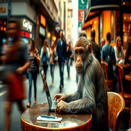 Monkey with a laptop on the street in Paris, France.の写真素材