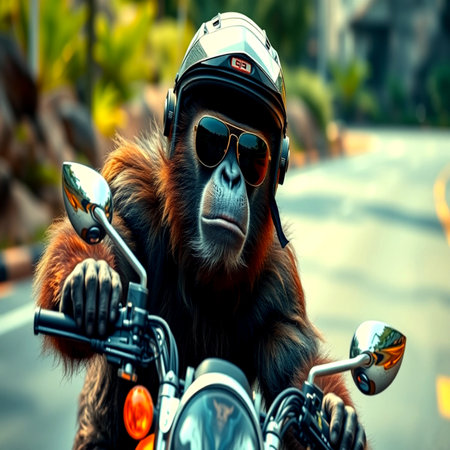 Monkey on a motorcycle. Monkey in the helmet and sunglasses.の写真素材