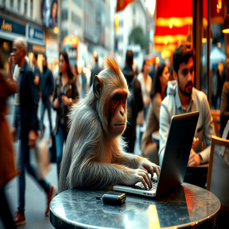 Monkey working on a laptop in a cafeの写真素材