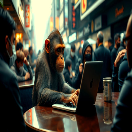 Monkey with a laptop in a cafe on the street. A monkey sits in a cafe and works on a laptop.の写真素材