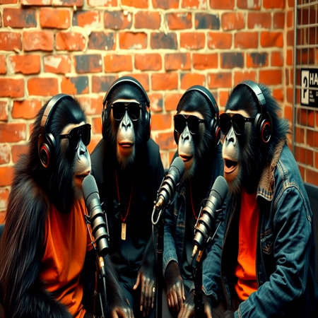 Group of punk rock musicians in front of a brick wall background.の写真素材