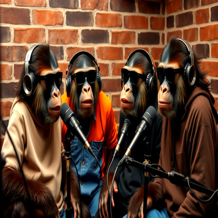 Group of singing monkeys with headphones and microphone in a recording studio.の写真素材