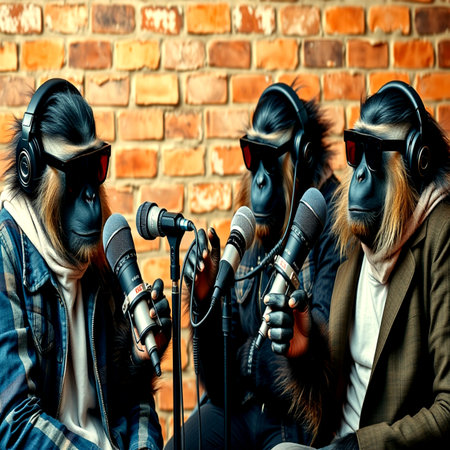 Group of monkeys singing karaoke with vintage microphone on brick wall background.の写真素材