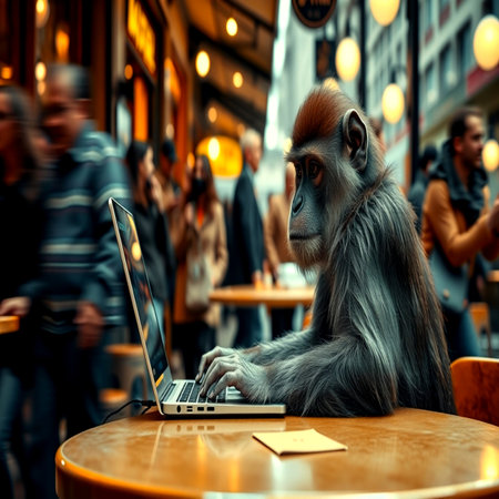 Gorilla with a laptop in a cafe in Paris.の写真素材