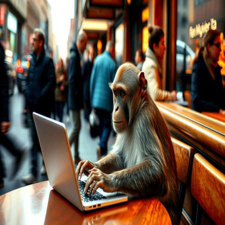 Monkey working on a laptop in a street cafe