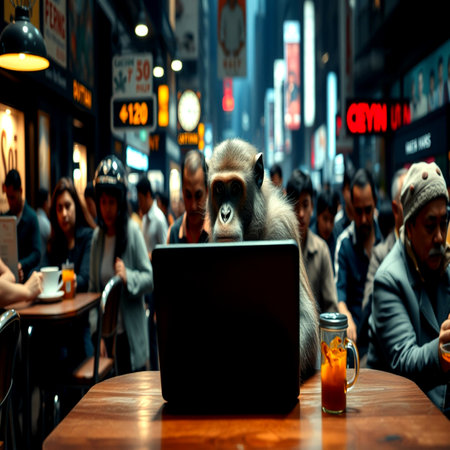 Monkey sitting at the table and working on laptop computer.の写真素材