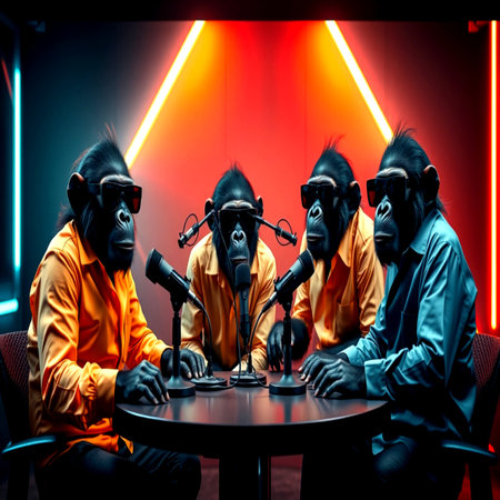 Portrait of a group of monkeys sitting around a table with microphones on a dark background.の写真素材