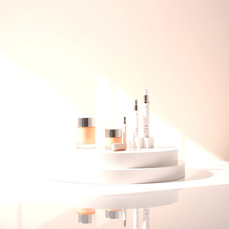 Cosmetic products on white podium in sunlight. 3D rendering.の写真素材