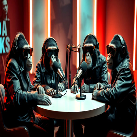 Group of monkeys in black masks sitting at a table in a room. Concept.の写真素材
