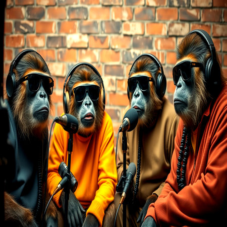 Group of monkeys with headphones and microphones.の写真素材