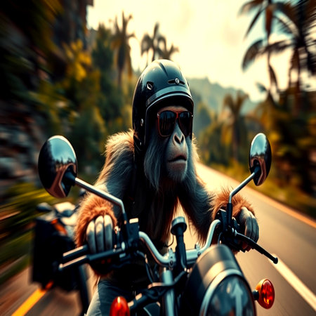 Ape rides a motorcycle on the road in the tropics.の写真素材