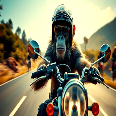 Monkey on a motorcycle. Filtered image.の写真素材