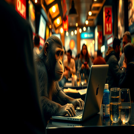 Chimpanzee sitting at a table with a laptopの写真素材