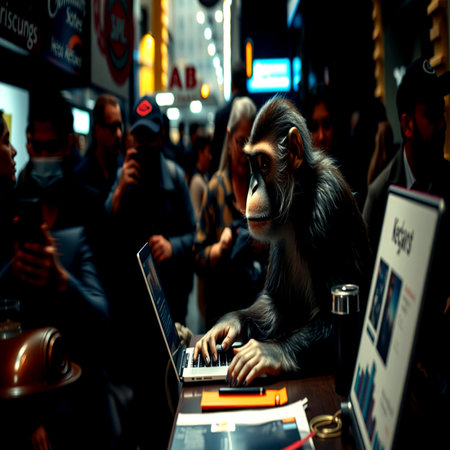 Monkey playing the keyboard of a laptop in Kuala Lumpur, Malaysia.の写真素材