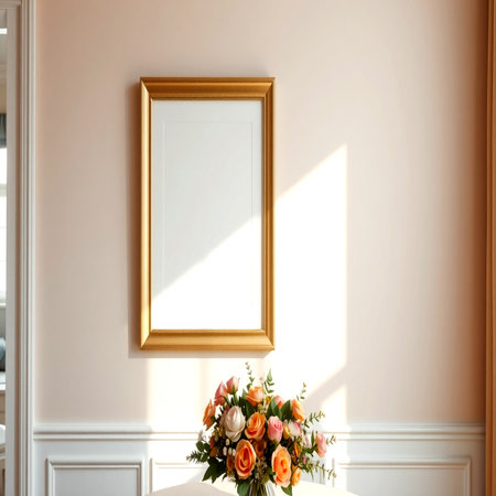Picture frame on the wall with a bouquet of flowers. 3d renderの写真素材
