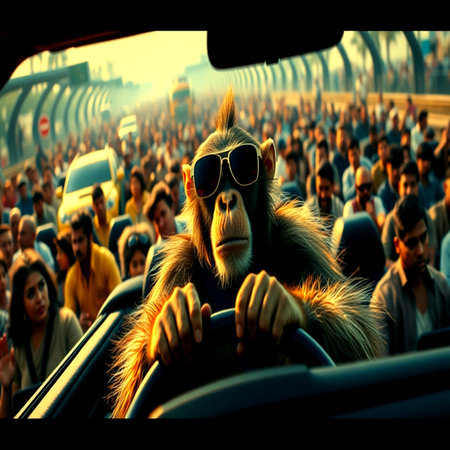 Monkey in sunglasses driving a car on the background of crowd of peopleの写真素材