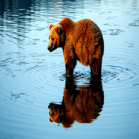 Brown bear in the water. Reflection of the bear in the water.の写真素材