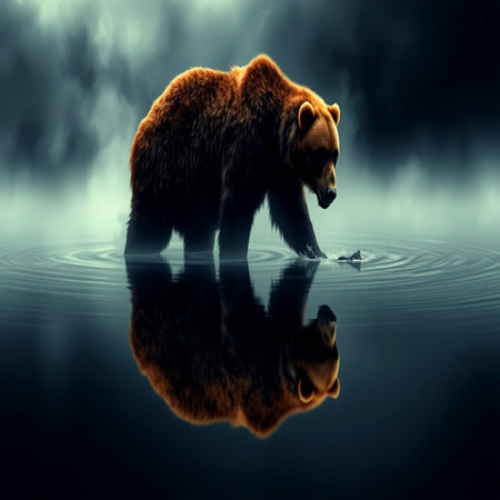 Brown bear with a fish in its mouth on the background of the night skyの写真素材