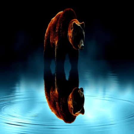 Brown bear on a dark blue background with reflection in the water.の写真素材