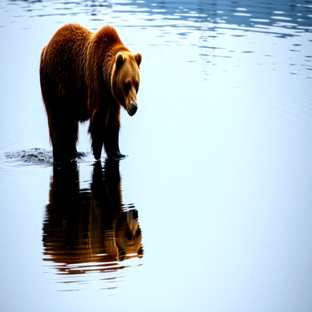 Brown bear in the water at sunset. Brown bear in the water.の写真素材