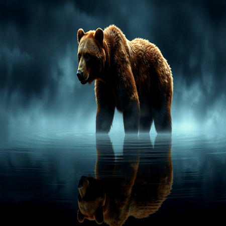Brown bear on a dark background with reflection in water. 3d renderingの写真素材
