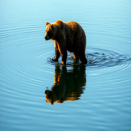 Brown bear on the surface of the water. Reflection in the water.の写真素材