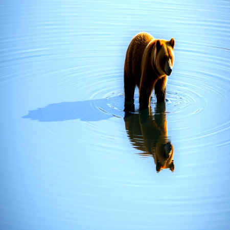 brown bear in the water with reflection on the surface of the waterの写真素材