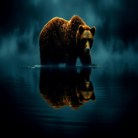 Brown bear on dark background with reflection in water. Wildlife scene.の写真素材
