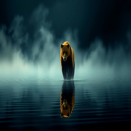 Bear in water with reflection on dark background.の写真素材