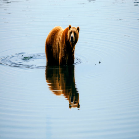 Brown bear in the water with reflection in the water.の写真素材