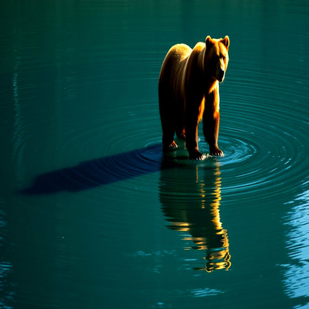 brown bear on the surface of a lake in the rays of the setting sunの写真素材