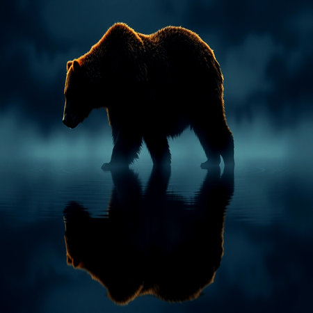 brown bear on a dark background with reflection in water, 3d renderの写真素材