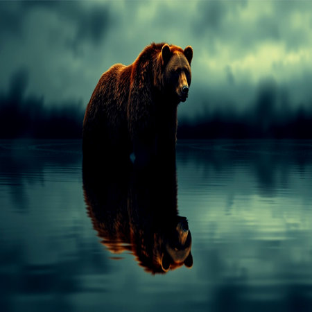 Brown bear on the lake in the evening. Collage. Toned.の写真素材