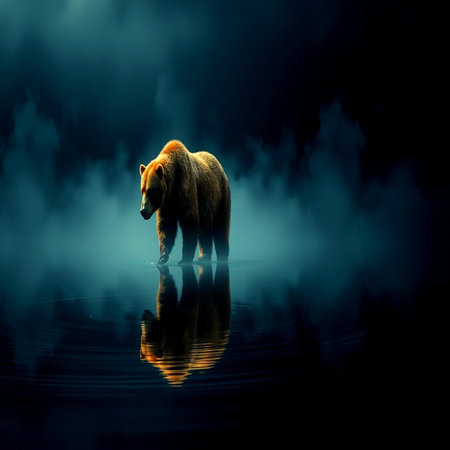 Grizzly bear in the dark water. 3D renderingの写真素材