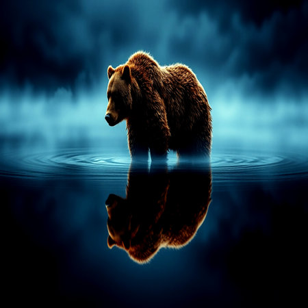 brown bear on a dark background with reflection in the water. 3d renderingの写真素材