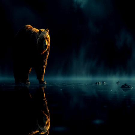 Grizzly bear on a dark background with reflection in waterの写真素材