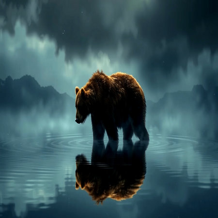 brown bear on a dark background with reflection in the water, 3d renderの写真素材