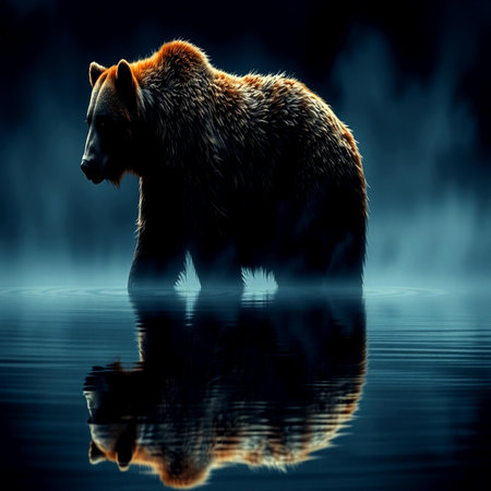 Brown bear on a dark background with reflection in water. 3d renderingの写真素材