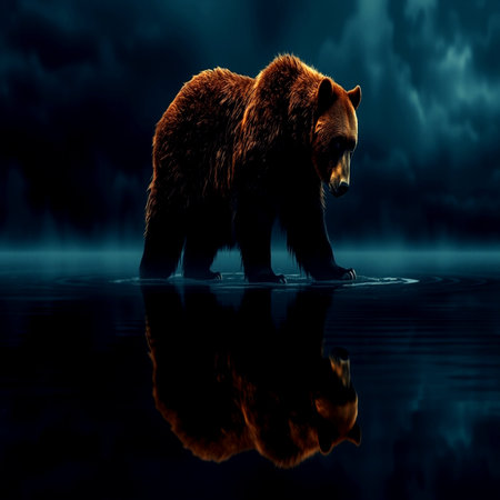 Big brown bear on dark background with reflection in water. 3D renderingの写真素材