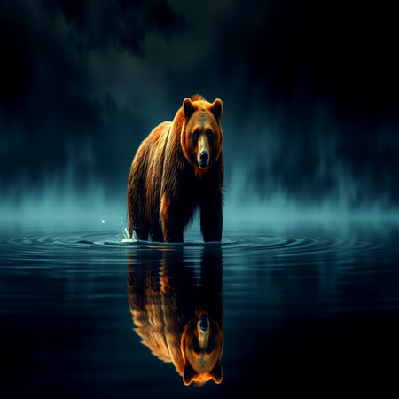 Brown bear swimming in the lake at night with reflection in water.の写真素材