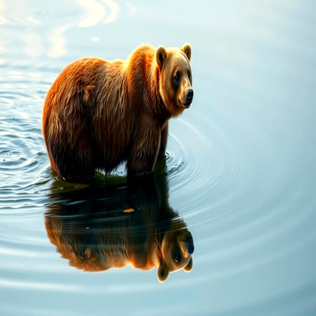 Brown bear in the water with reflection on the surface of the lakeの写真素材