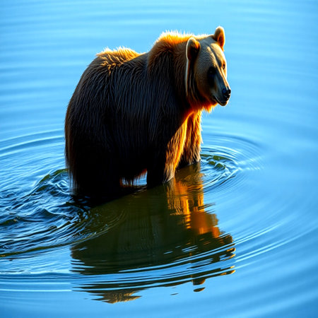 Grizzly bear in the water at sunset. Alaska. USA.の写真素材