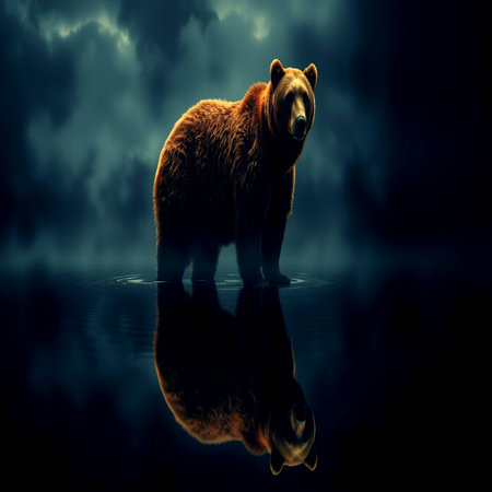 brown bear in the dark with reflection in water. 3d renderingの写真素材