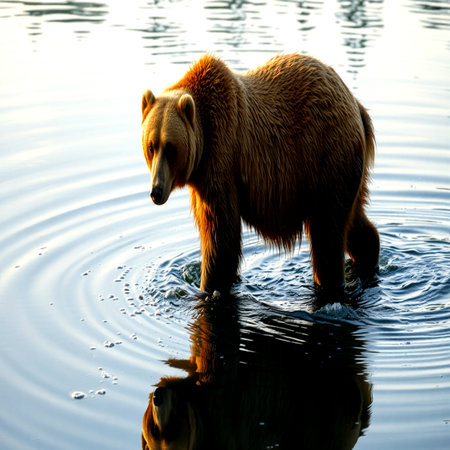 Grizzly Bear in the water at sunset. Alaska. USA.の写真素材