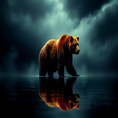 Brown bear on the background of the dark sky with clouds and water reflectionの写真素材