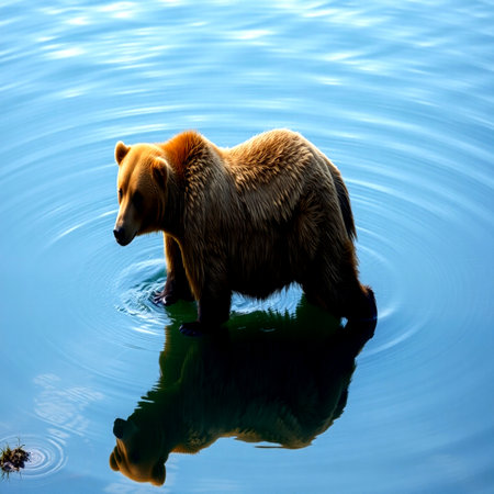 Brown bear on the surface of the water in the summer forest.の写真素材